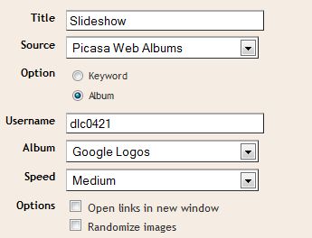 Gadget settings for a slideshow in Blogger